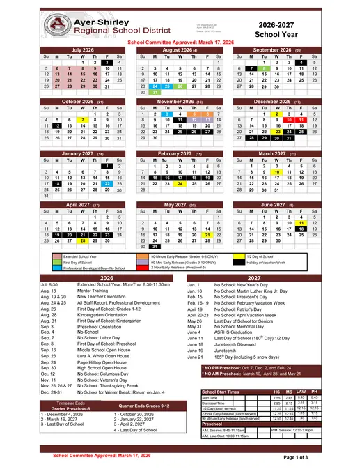 Ayer Shirley Regional School District 2026–2027 Academic Calendar Page 1