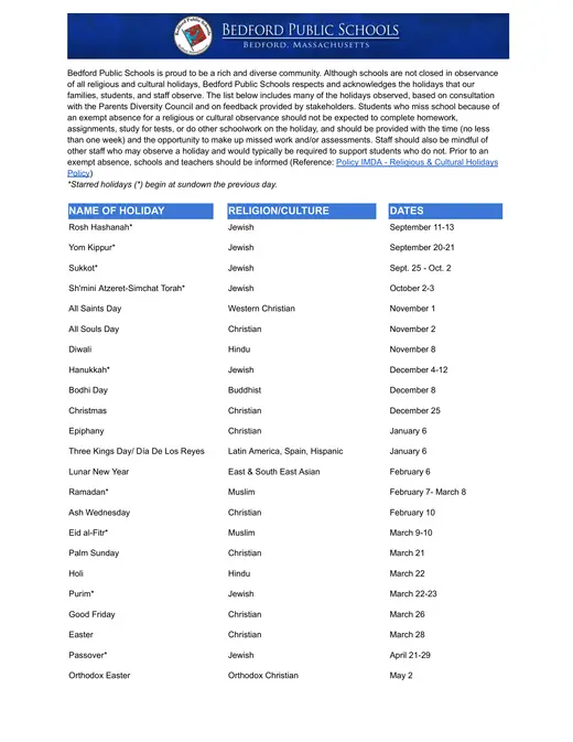 Bedford Public Schools 2026–2027 Academic Calendar Page 2