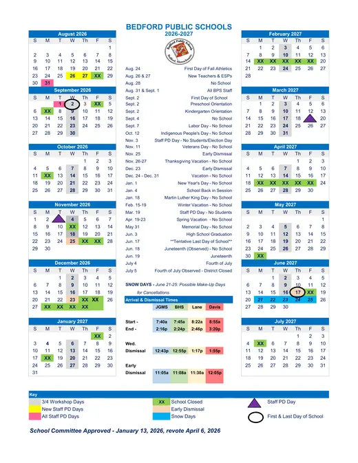 Bedford Public Schools 2026–2027 Academic Calendar Page 1