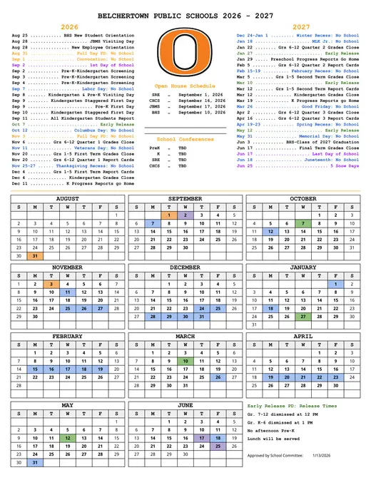 Belchertown Public Schools 2026–2027 Academic Calendar