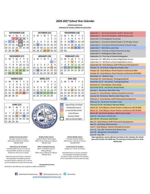 Berkley Public Schools 2026–2027 Academic Calendar Page 1