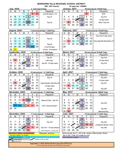Berkshire Hills Regional School District 2026–2027 Academic Calendar Page 1