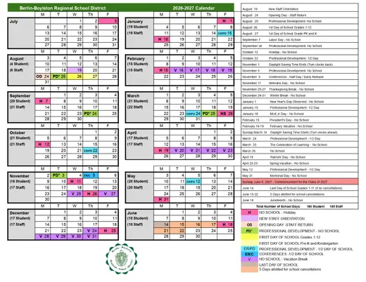 Berlin-Boylston Regional School District 2026–2027 Academic Calendar