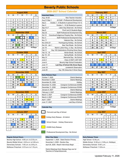 Beverly Public Schools 2026–2027 Academic Calendar