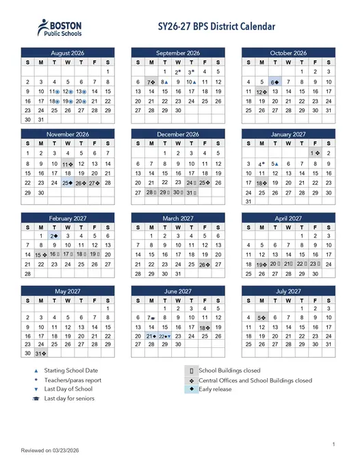 Boston Public Schools 2026–2027 Academic Calendar Page 1