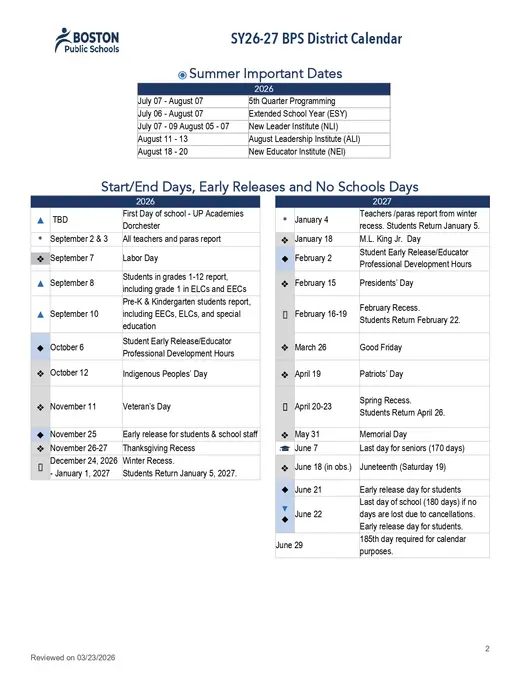 Boston Public Schools 2026–2027 Academic Calendar Page 2