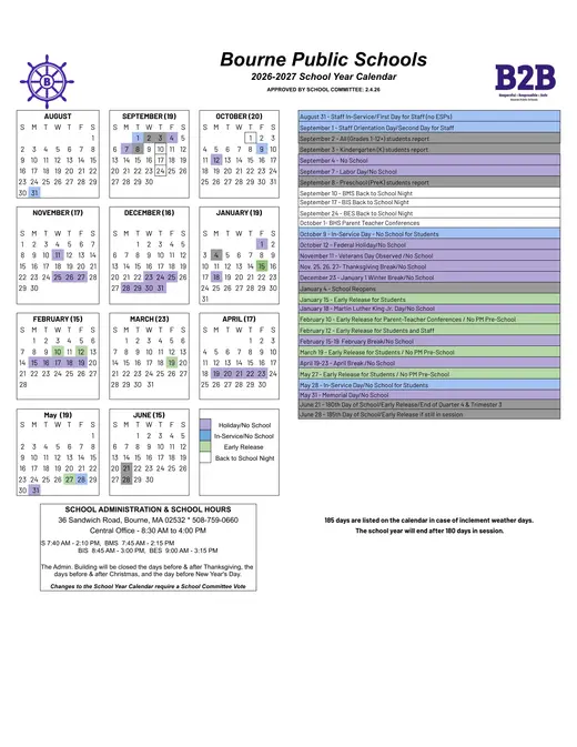 Bourne Public Schools 2026–2027 Academic Calendar