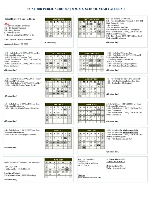 Boxford Public Schools 2026–2027 Academic Calendar