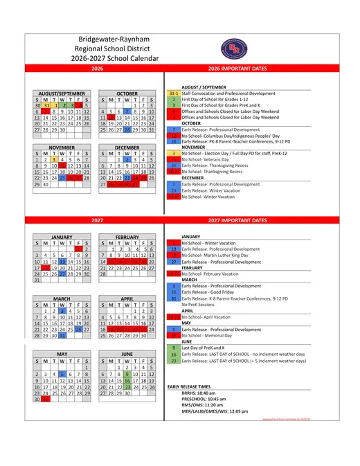 Bridgewater-Raynham Regional School District 2026–2027 Academic Calendar