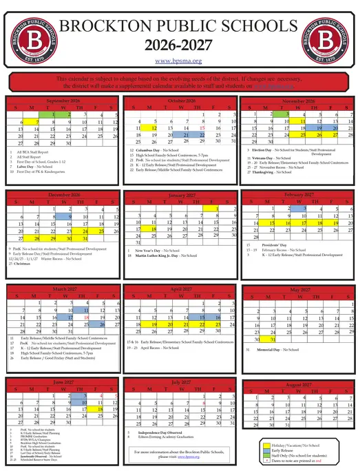 Brockton Public Schools 2026–2027 Academic Calendar