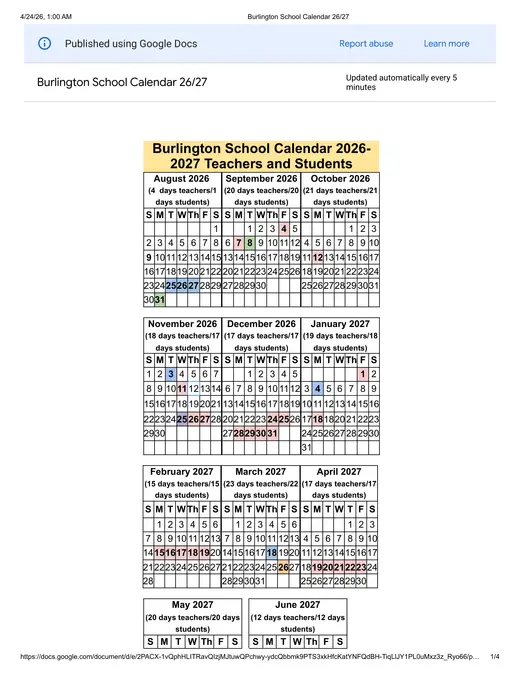 Burlington Public Schools 2026–2027 Academic Calendar Page 1