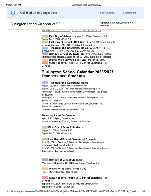 Burlington Public Schools 2026–2027 Academic Calendar Page 2