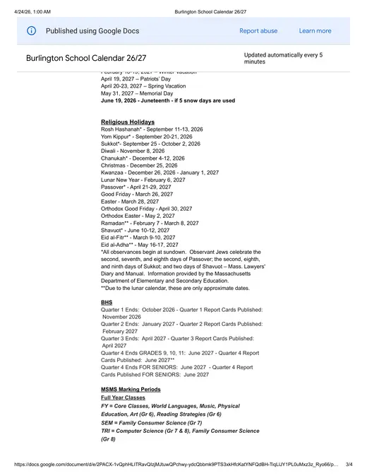 Burlington Public Schools 2026–2027 Academic Calendar Page 3