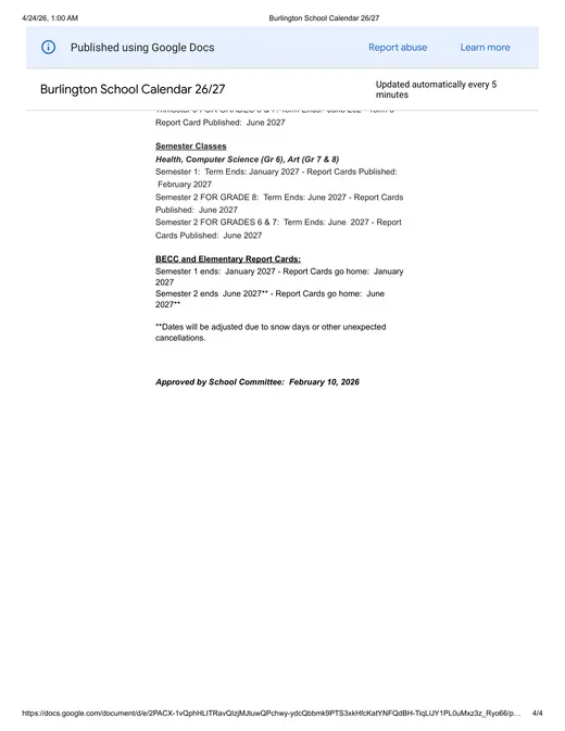 Burlington Public Schools 2026–2027 Academic Calendar Page 4