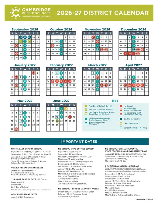 Cambridge Public Schools 2026–2027 Academic Calendar Page 1
