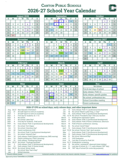 Canton Public Schools 2026–2027 Academic Calendar