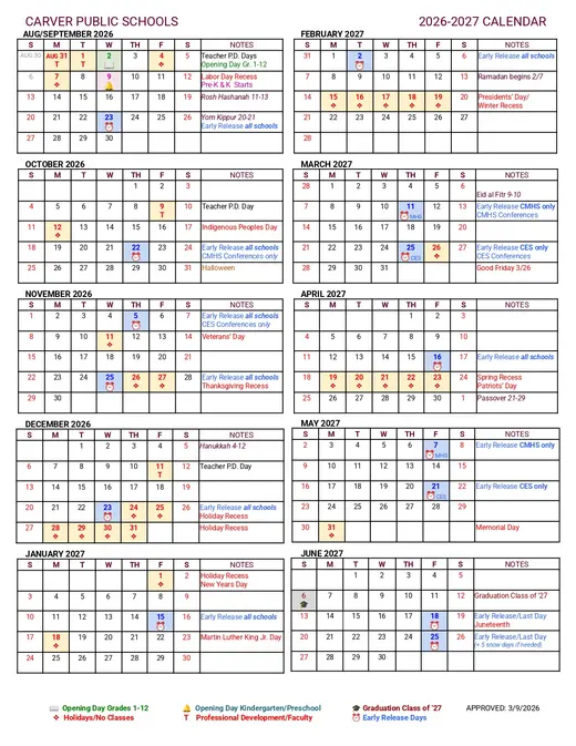 Carver Public Schools 2026–2027 Academic Calendar