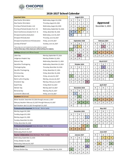 Chicopee Public Schools 2026–2027 Academic Calendar