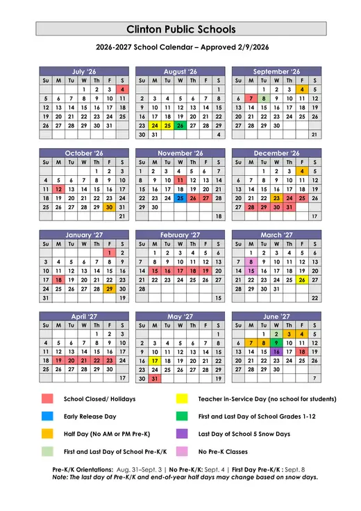 Clinton Public Schools 2026–2027 Academic Calendar Page 1