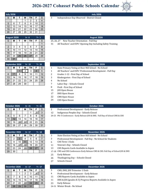 Cohasset Public Schools 2026–2027 Academic Calendar Page 1