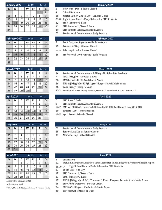 Cohasset Public Schools 2026–2027 Academic Calendar Page 2