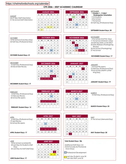 CPS 2026–2027 Academic Calendar Page 1