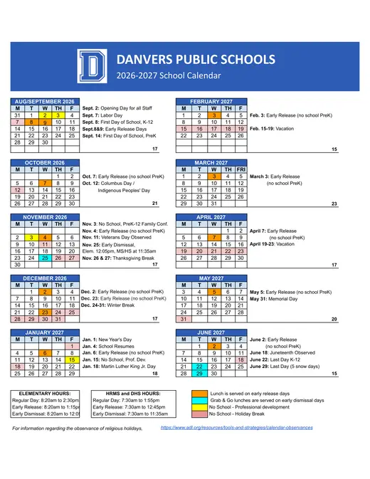 Danvers Public Schools 2026–2027 Academic Calendar