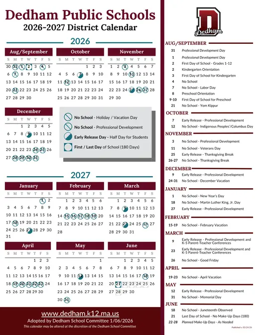Dedham Public Schools 2026–2027 Academic Calendar