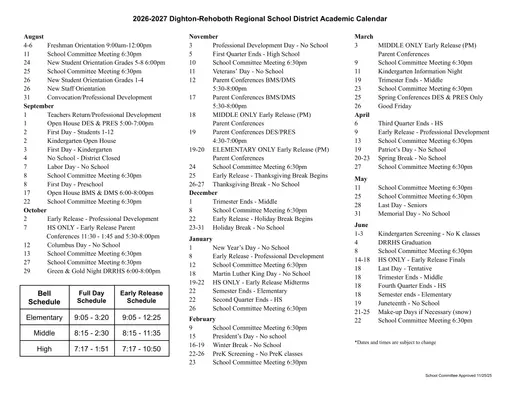 Dighton-Rehoboth Regional School District 2026–2027 Academic Calendar Page 2