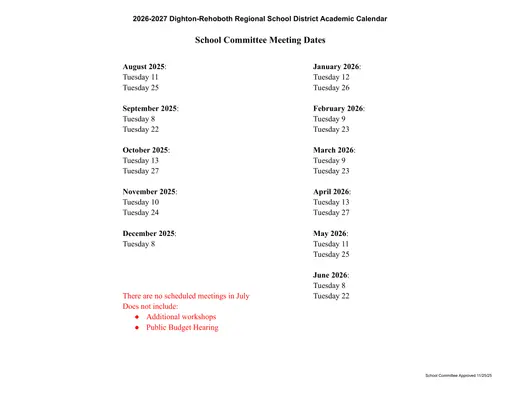 Dighton-Rehoboth Regional School District 2026–2027 Academic Calendar Page 3