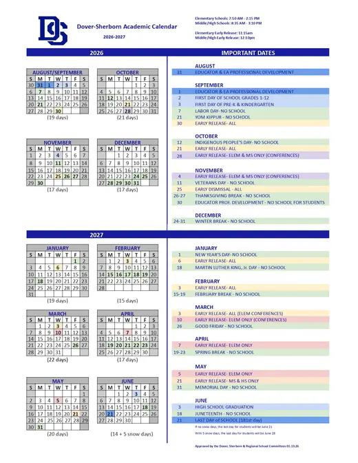 Dover-Sherborn 2026–2027 Academic Calendar