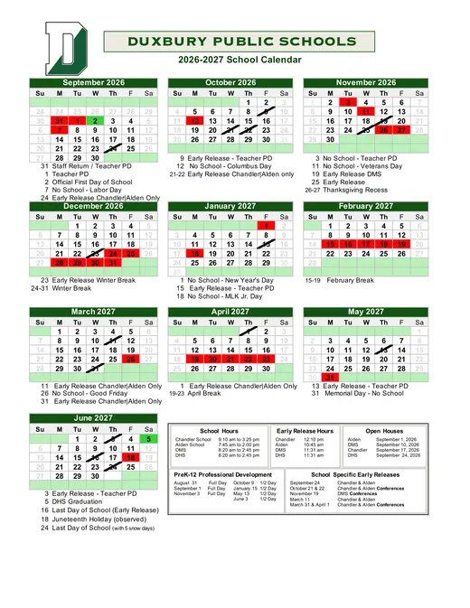 Duxbury Public Schools 2026–2027 Academic Calendar Page 1