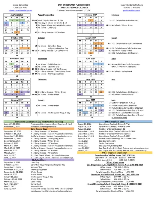 East Bridgewater Public Schools 2026–2027 Academic Calendar