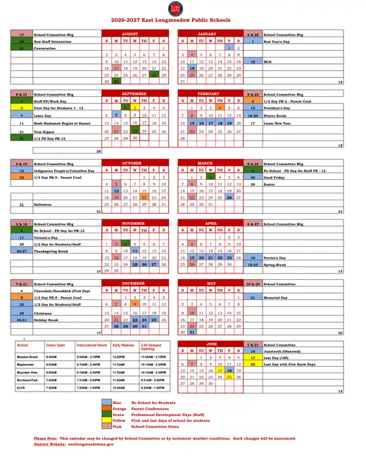 East Longmeadow Public Schools 2026–2027 Academic Calendar Page 1