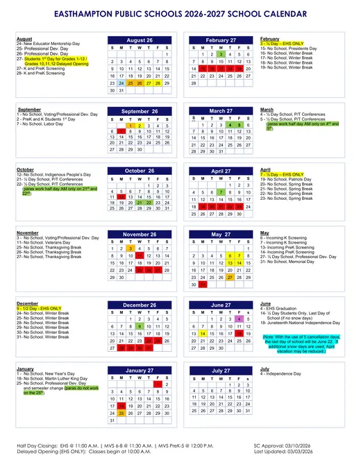 Easthampton Public Schools 2026–2027 Academic Calendar