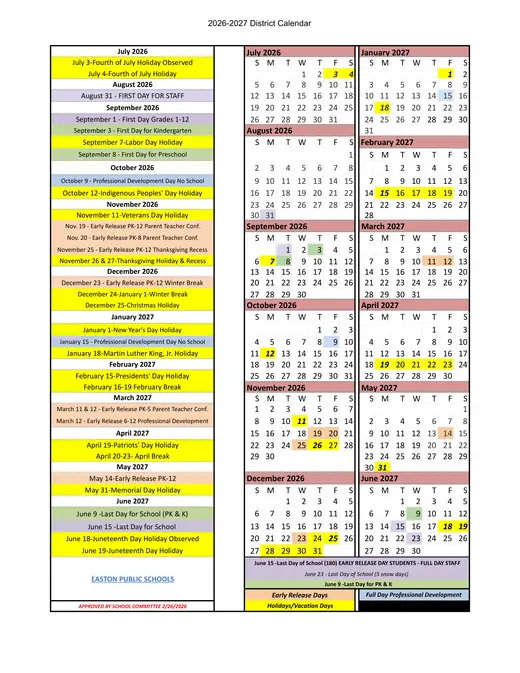 Easton Public Schools 2026–2027 Academic Calendar