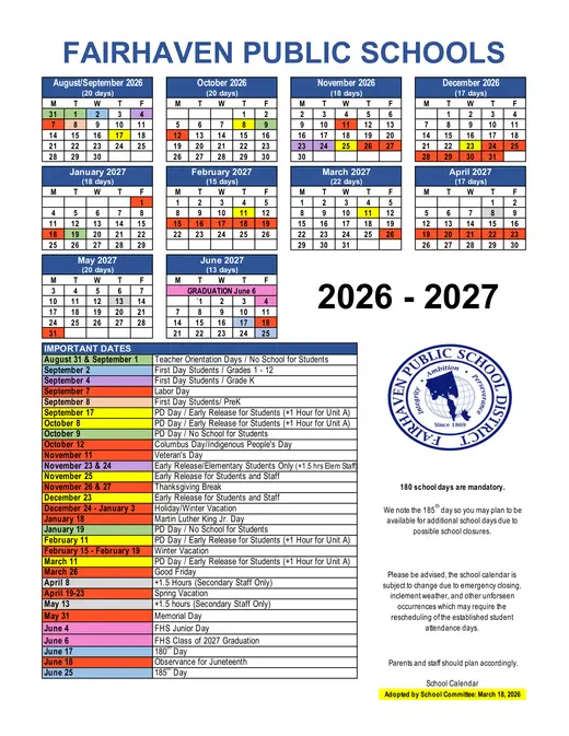Fairhaven Public Schools 2026–2027 Academic Calendar