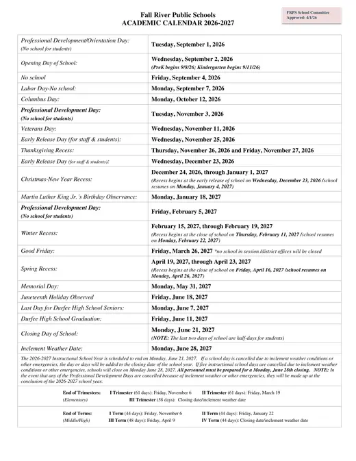 Fall River Public Schools 2026–2027 Academic Calendar Page 1