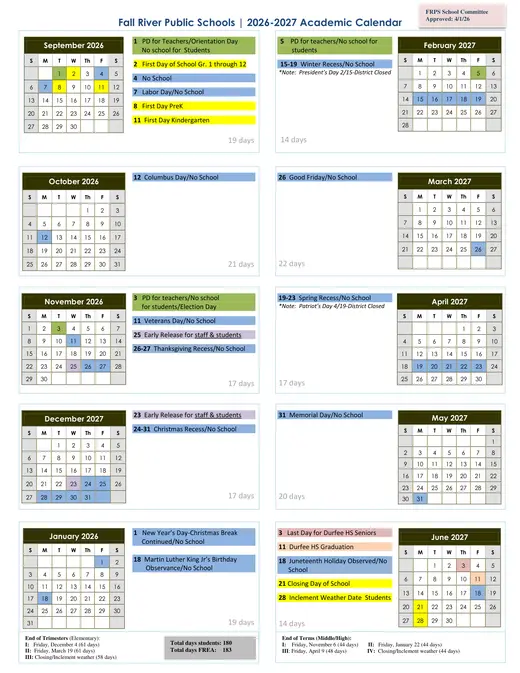 Fall River Public Schools 2026–2027 Academic Calendar Page 2