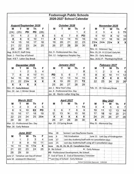 Foxborough Public Schools 2026–2027 Academic Calendar Page 1