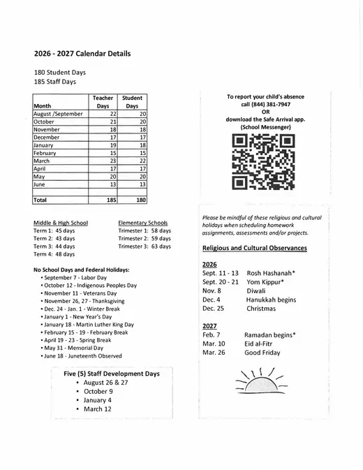 Foxborough Public Schools 2026–2027 Academic Calendar Page 2