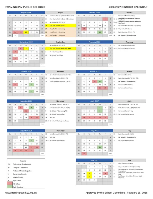 Framingham Public Schools 2026–2027 Academic Calendar Page 1