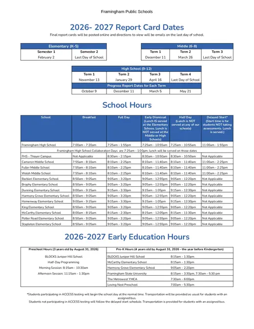 Framingham Public Schools 2026–2027 Academic Calendar Page 2