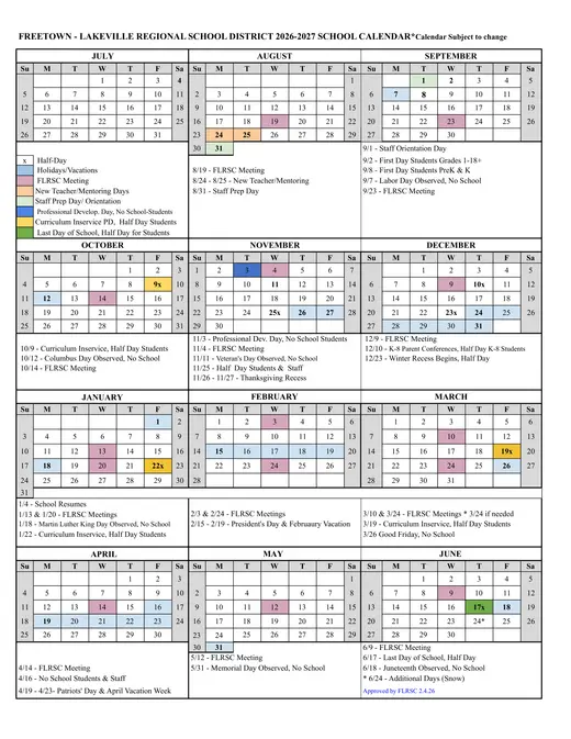 Freetown-Lakeville Regional School District 2026–2027 Academic Calendar