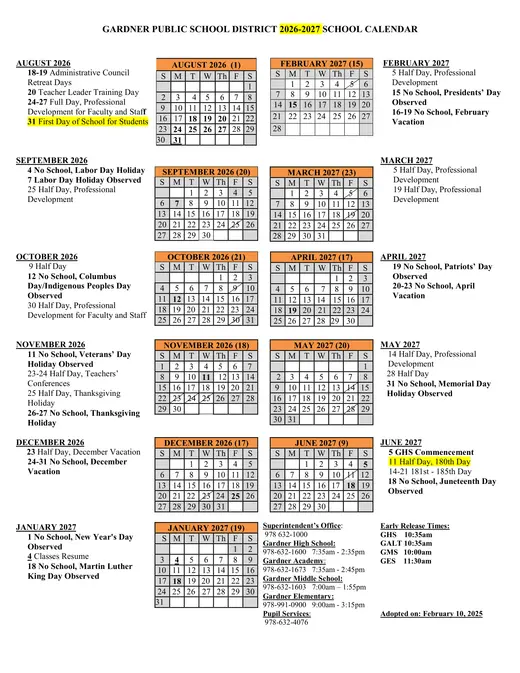 Gardner Public School District 2026–2027 Academic Calendar Page 1