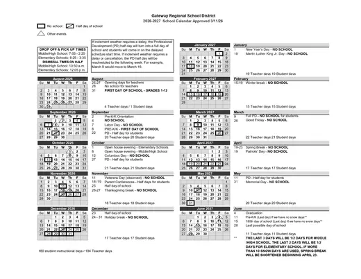 Gateway Regional School District 2026–2027 Academic Calendar Page 1