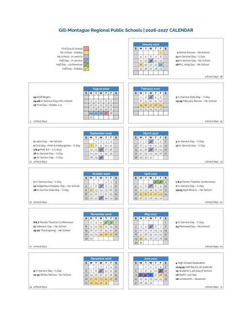 Gill-Montague Regional Public Schools 2026–2027 Academic Calendar