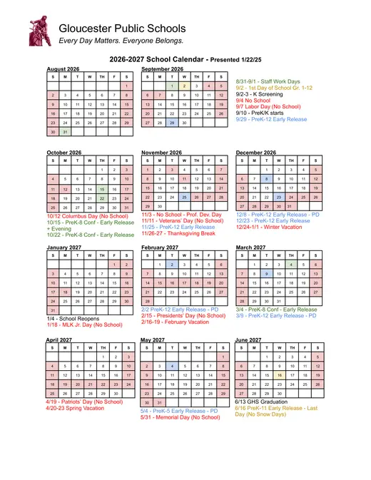 Gloucester Public Schools 2026–2027 Academic Calendar
