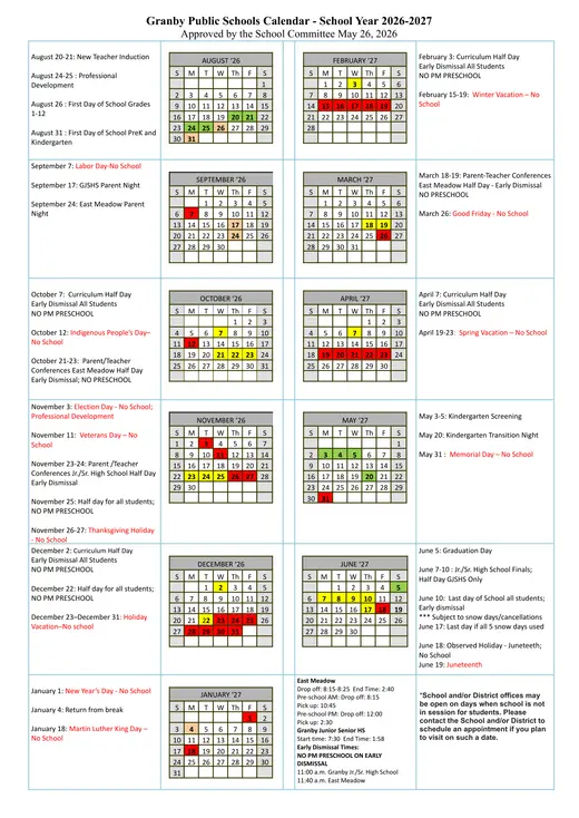 Granby Public Schools 2026–2027 Academic Calendar Page 1