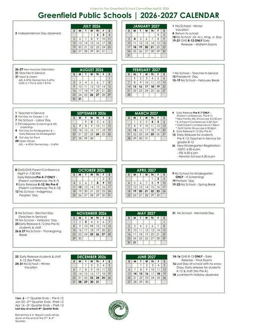 Greenfield Public Schools 2026–2027 Academic Calendar